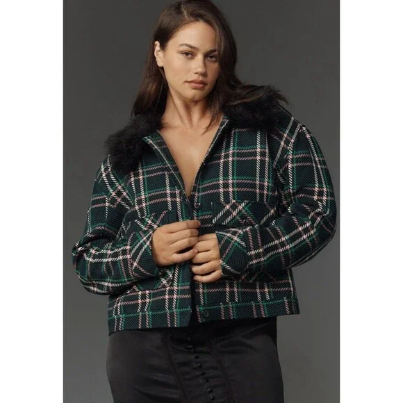 Anthropologie Maeve Collar Coat Women Green Plaid Crop Faux Fur Retro Large NWT